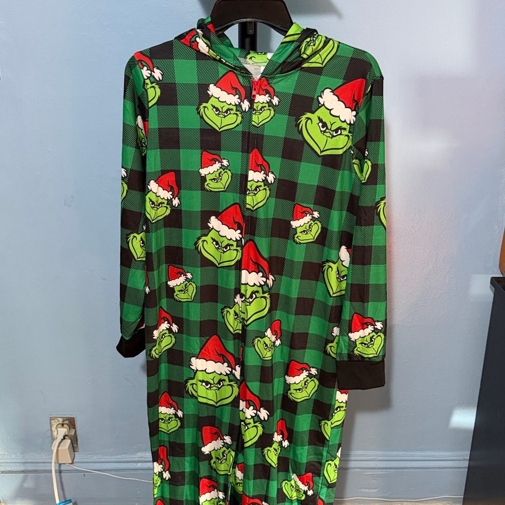 Green Grinch Christmas Onesie with Reindeer Hood